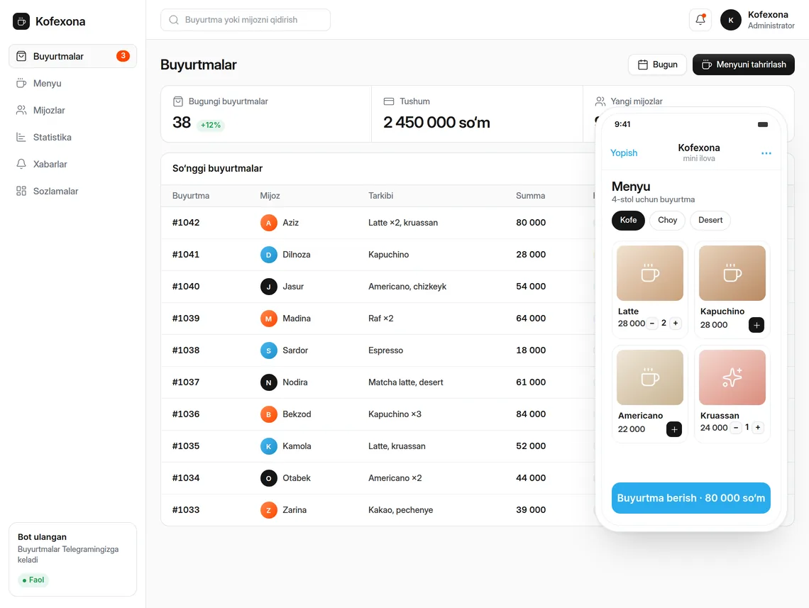 Namuna: kofexona uchun admin panel (buyurtmalar, tushum) va mijoz Telegramda ochadigan mini ilova