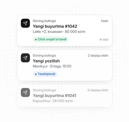 Bot xabarnomalari: Yangi buyurtma va Yangi yozilish