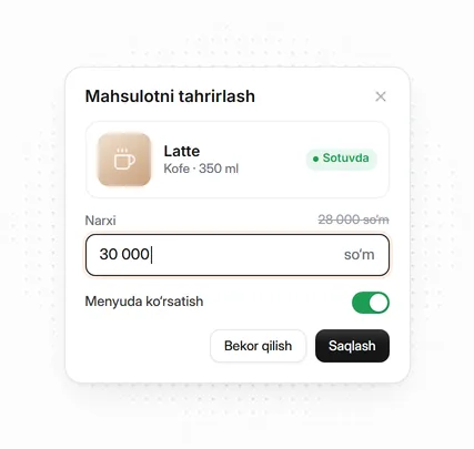 Admin panel: mahsulot narxini o‘zgartirish oynasi